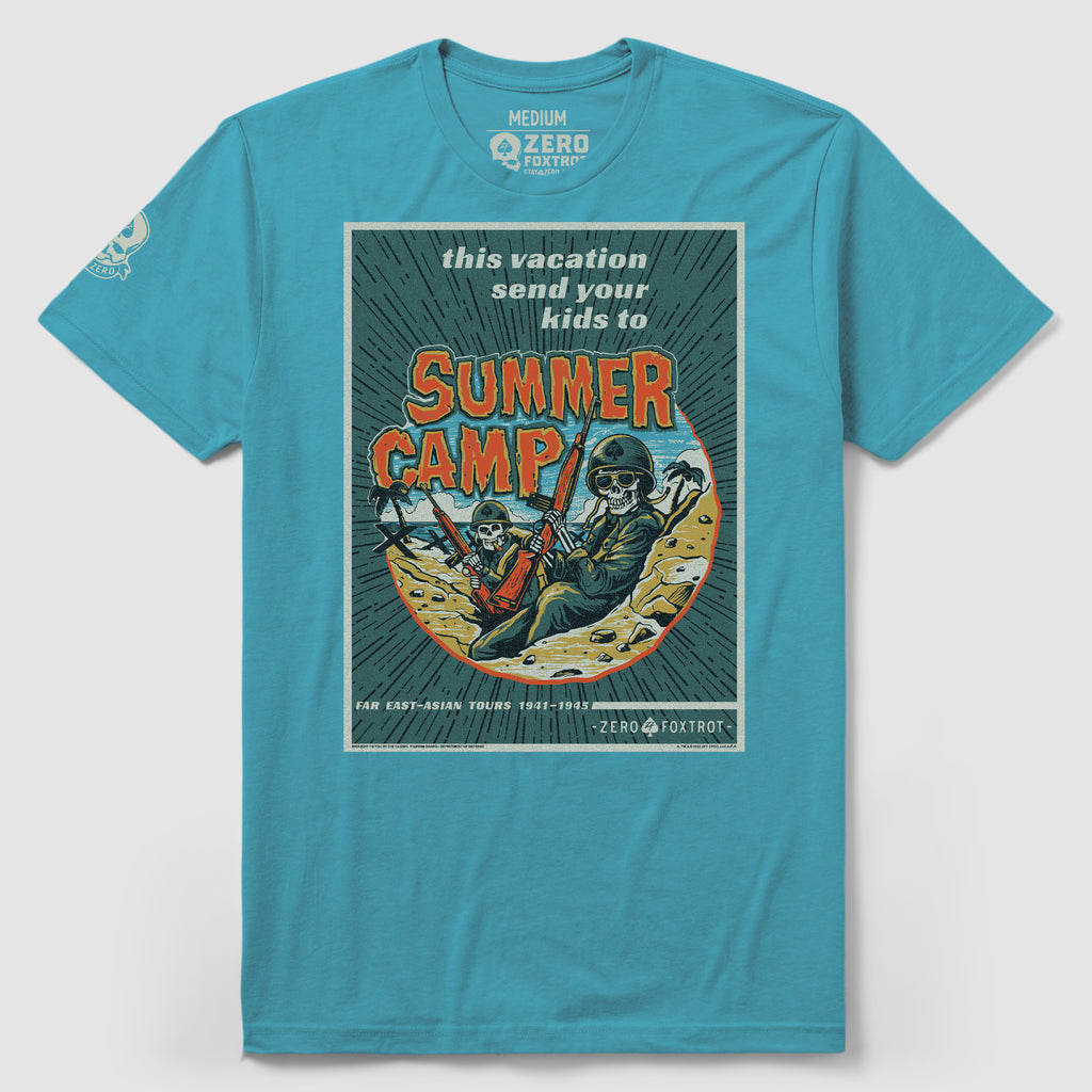 Summer Camp Tee in teal with a vintage-style graphic of two skeletons dressed in military gear sitting on a crescent moon, with the text "this vacation send your kids to SUMMER CAMP" in bold orange and white letters.