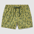 Swim Trunks featuring a green camouflage pattern with silhouettes of toy soldiers, an elastic waistband, and adjustable drawstring for a comfortable fit.