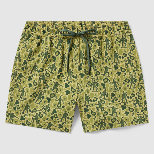 Swim Trunks featuring a green camouflage pattern with silhouettes of toy soldiers, an elastic waistband, and adjustable drawstring for a comfortable fit.