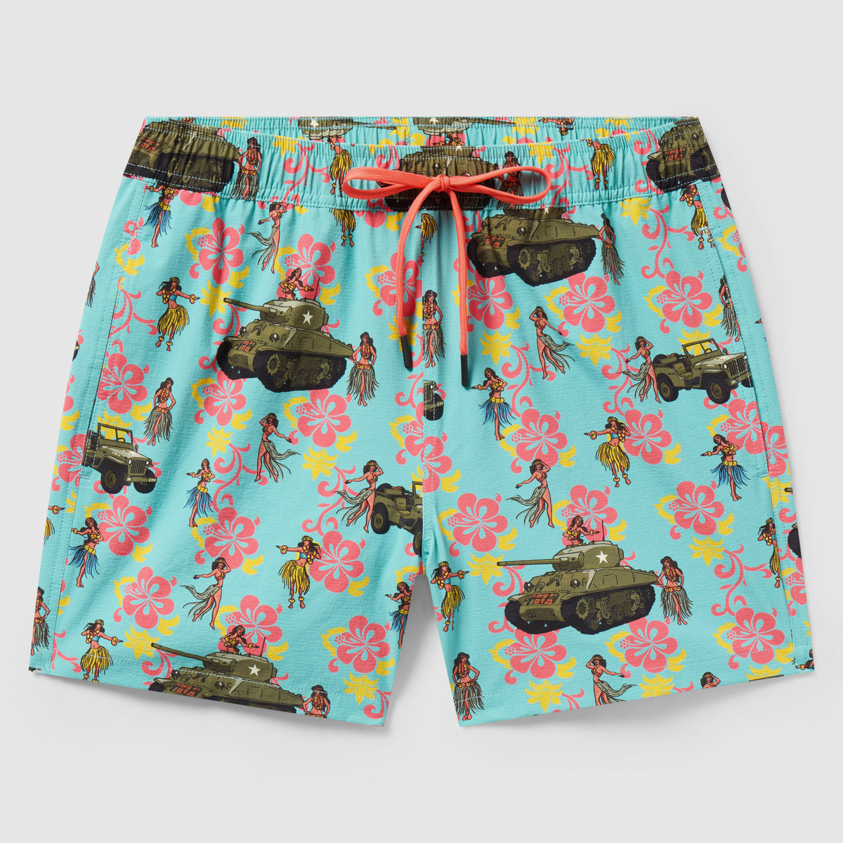 Swim Trunks featuring a light blue background with a playful pattern of vintage military tanks, jeeps, and hula dancers surrounded by pink and yellow tropical flowers and a coral drawstring waistband.
