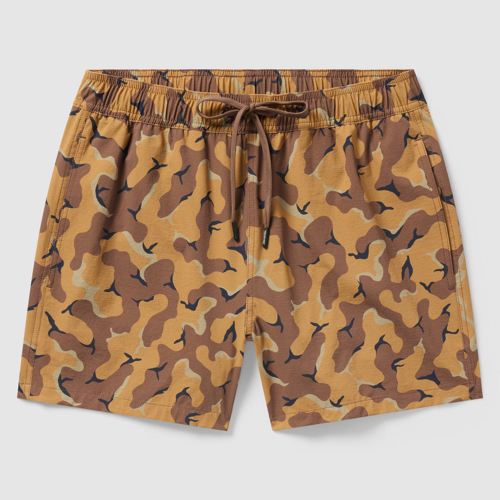Swim Trunks featuring a brown and tan desert camouflage pattern with an elastic waistband and adjustable drawstring for a secure fit.