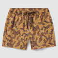 Swim Trunks featuring a brown and tan desert camouflage pattern with an elastic waistband and adjustable drawstring for a secure fit.