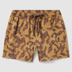 Swim Trunks featuring a brown and tan desert camouflage pattern with an elastic waistband and adjustable drawstring for a secure fit.