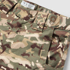 Tac Pants in woodland camouflage with button closure, belt loops, flap cargo pockets, and reinforced stitching shown in close-up.