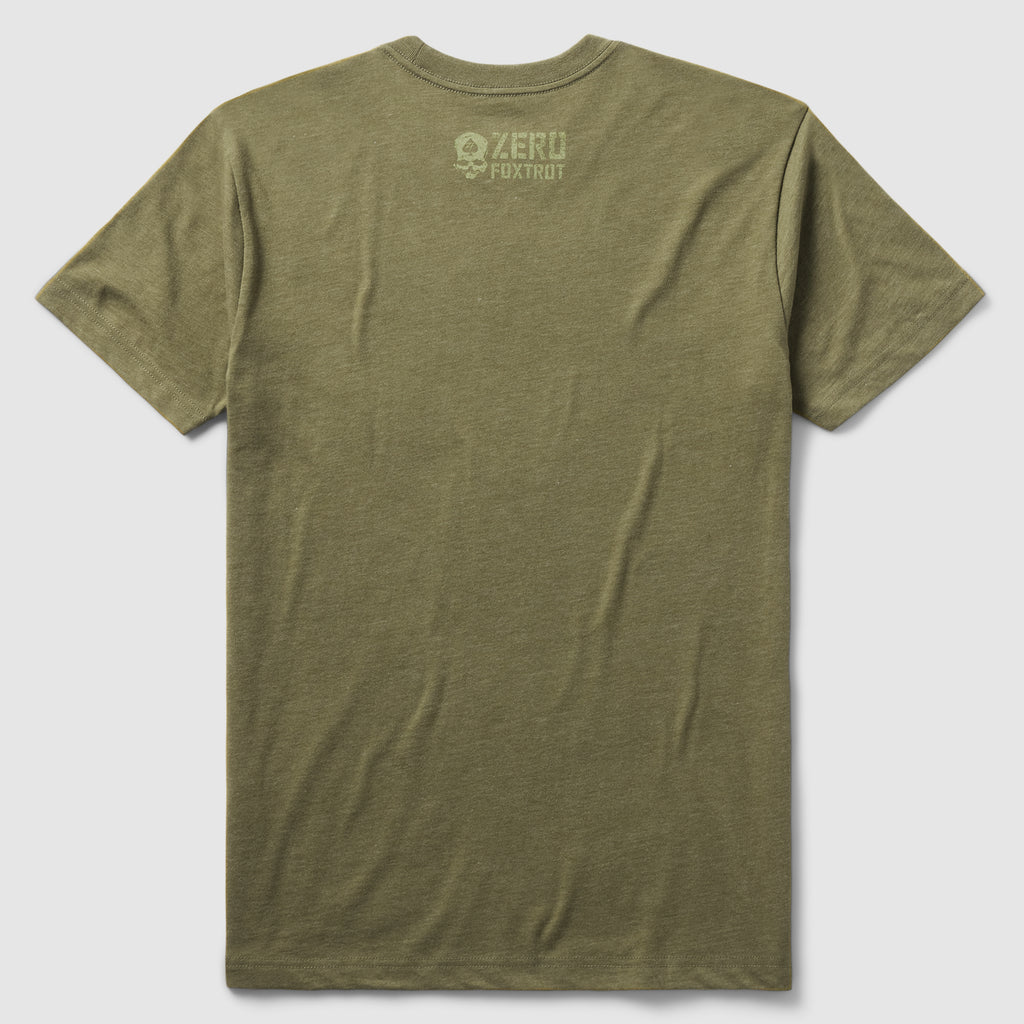 Back view of an olive green ZF Core Tee with a subtle Zero Foxtrot logo printed near the neckline on a plain background.