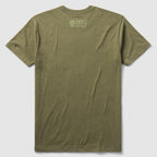 Back view of an olive green ZF Core Tee with a subtle Zero Foxtrot logo printed near the neckline on a plain background.