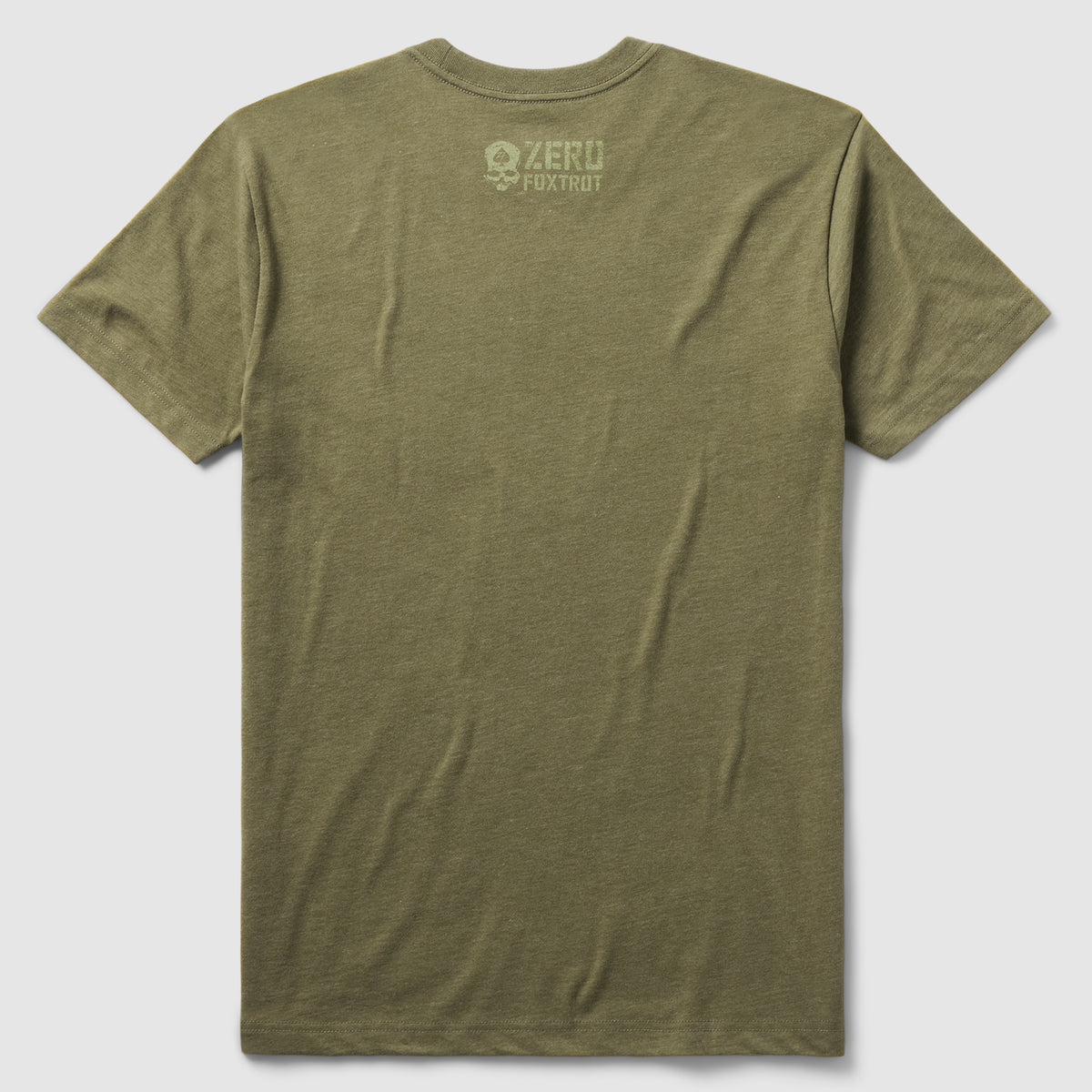 Back view of an olive green ZF Core Tee with a subtle Zero Foxtrot logo printed near the neckline on a plain background.