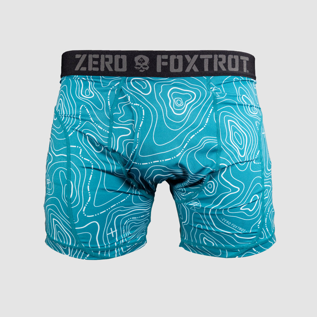 Back view of Boxer Briefs - Topographic Aqua featuring a teal color with white topographic map patterns and a black waistband with "ZERO FOXTROT" branding.