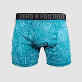 Back view of Boxer Briefs - Topographic Aqua featuring a teal color with white topographic map patterns and a black waistband with "ZERO FOXTROT" branding.