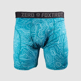 Boxer Briefs - Topographic Aqua featuring a teal base with white contour line patterns and a black waistband branded with "Zero Foxtrot" in gray lettering.