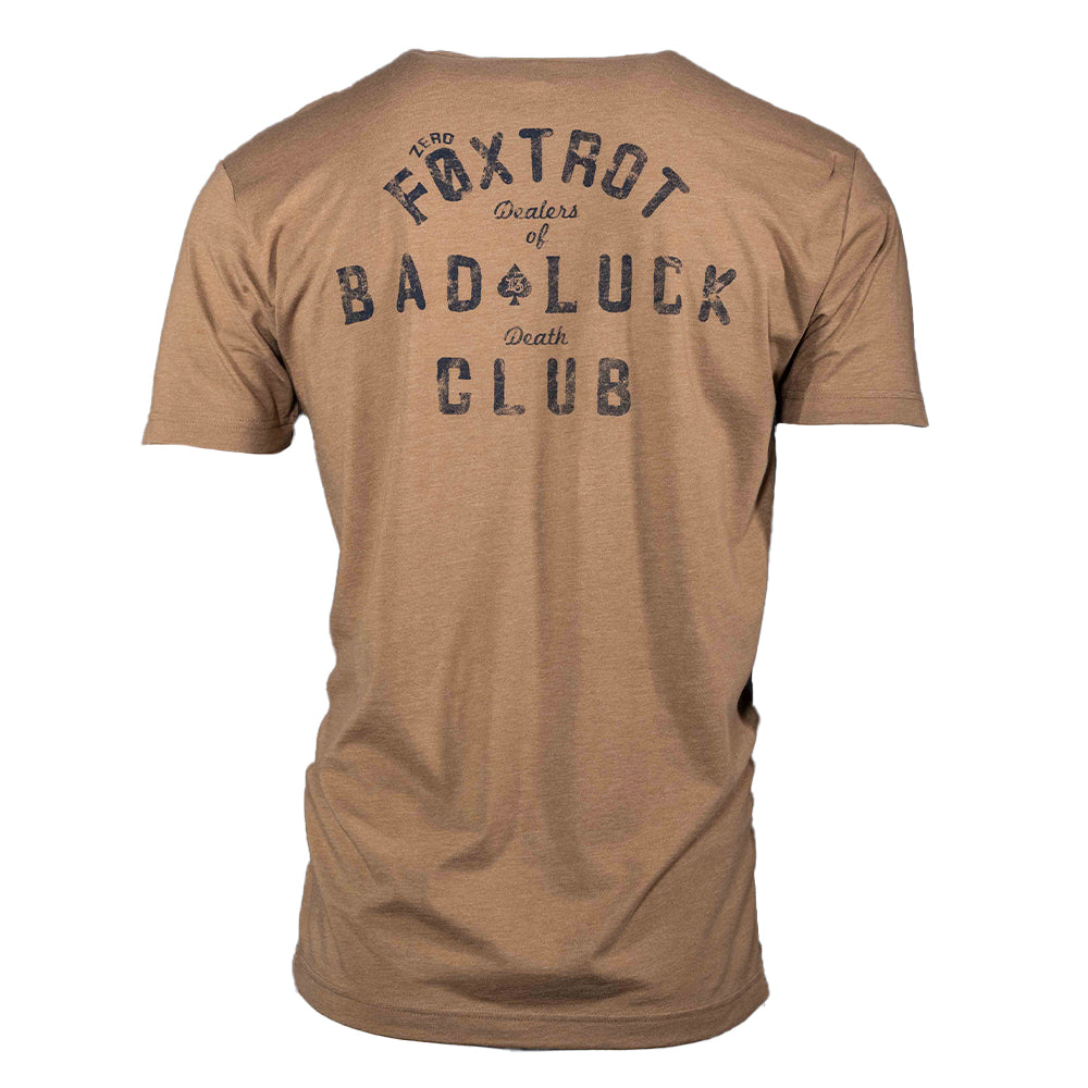 Bad Luck Club Tee brown short sleeve T shirt shown from the back with distressed Retro Bad Luck Club graphic lettering in dark print