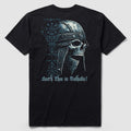 Back view of a black Valhalla Tee featuring a detailed blue and gray graphic of a skull wearing a Viking helmet with Nordic symbols and the phrase "Seeth Thee in Valhalla!" printed below.