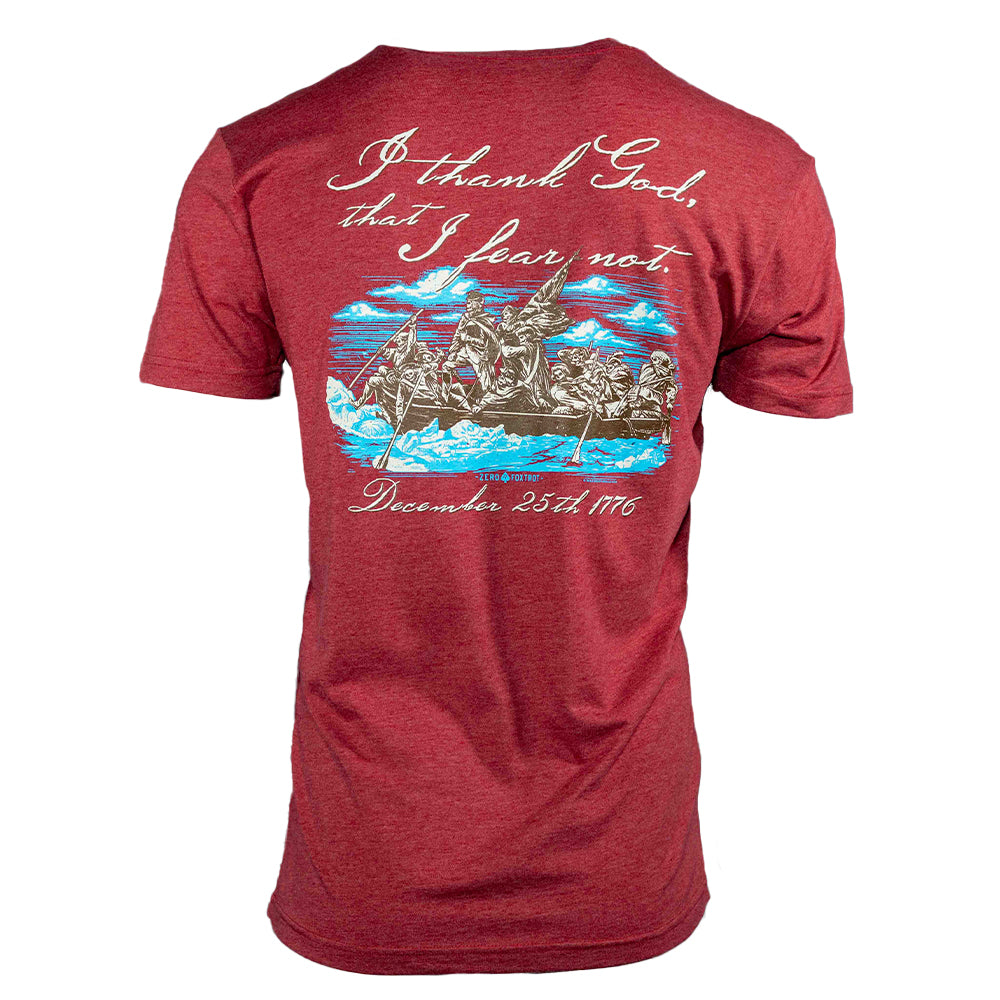 I Fear Not Tee red shirt featuring a patriotic historical battle scene graphic with blue accents and inspirational script lettering on the front