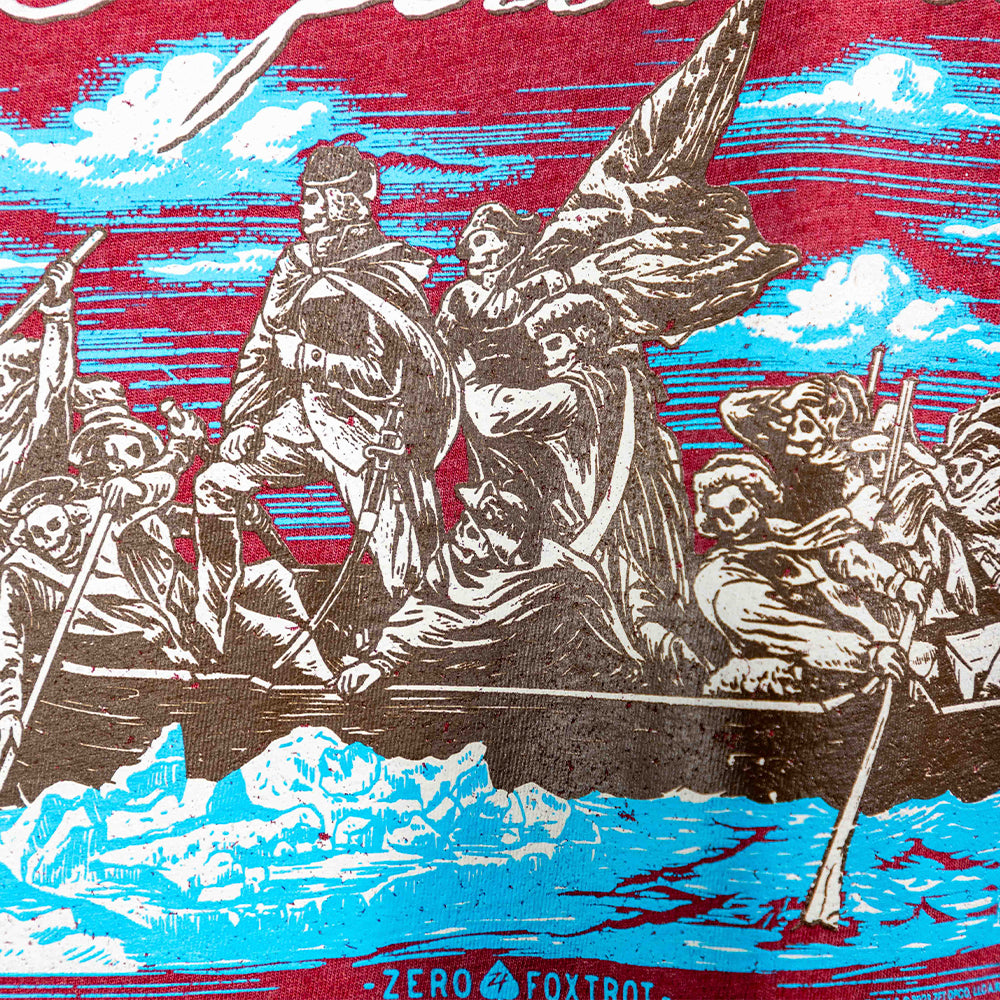 I Fear Not Tee featuring a vintage style illustration of cloaked figures in a boat crossing icy blue water beneath a red and blue sky