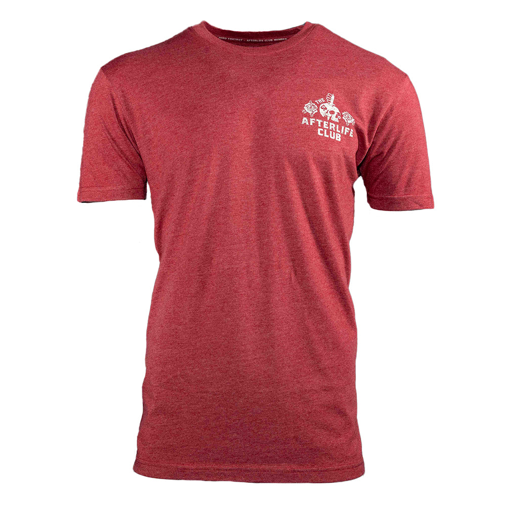 I Fear Not Tee red short sleeve shirt with a small white graphic and text on the upper left chest shown against a white background