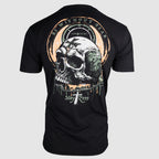 Back view of a black Without Fear Tee featuring a detailed skull graphic with bats, circular text "Be Without Fear," and the phrase "Stay Zero" with a cross design.