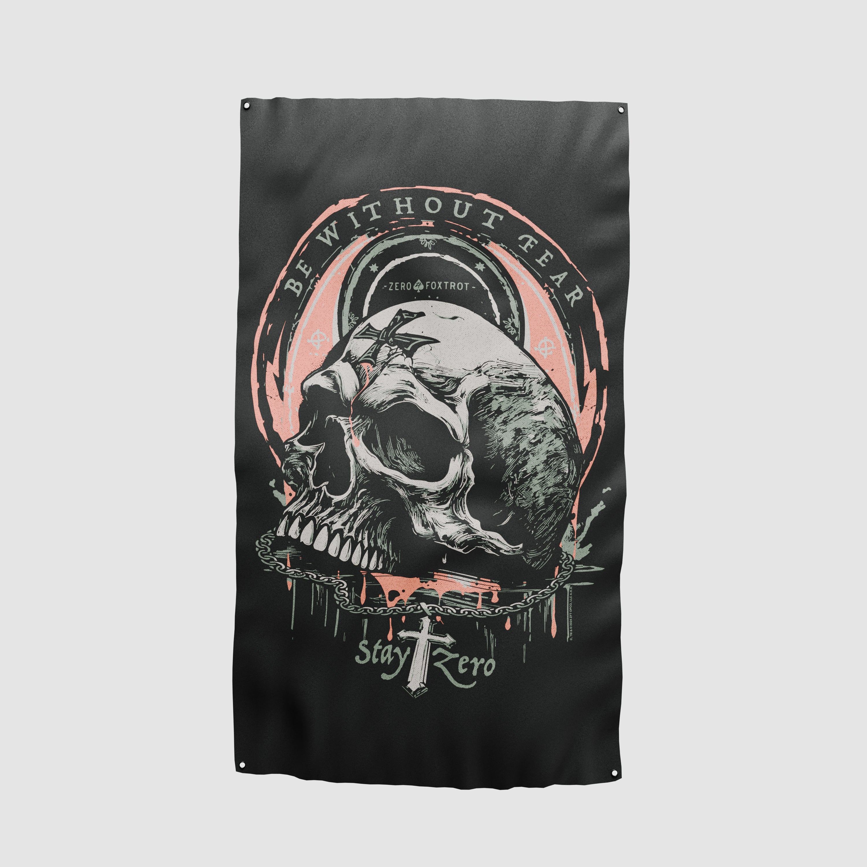 Without Fear Flag featuring a detailed skull design with a circular band that reads 