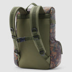 Woobie Backpack shown from the back with adjustable padded shoulder straps, a chest buckle, and a camouflage patterned fabric on the sides and top.
