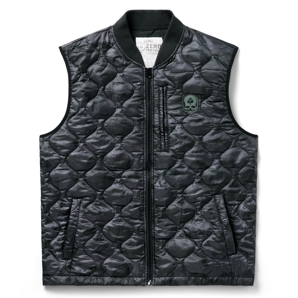Woobie Vest (Last Chance), black quilted sleeveless vest with full front zipper, ribbed collar, zippered hand pockets, and a skull chest patch