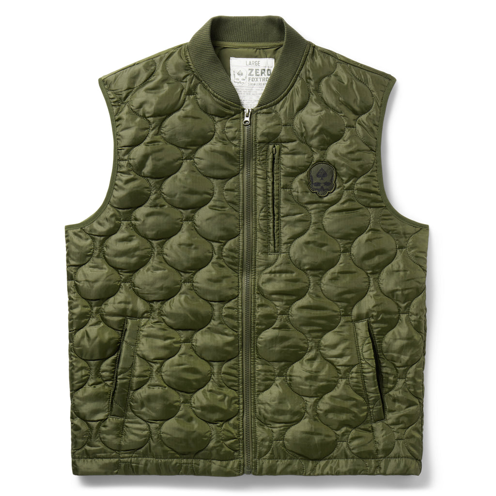 Woobie Vest (Last Chance) in olive green with quilted texture, full front zipper, stand collar, two zippered pockets, and sleeveless design in a product photo