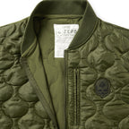 Woobie Vest (Last Chance), olive quilted vest close up with ribbed collar, front zipper, chest pocket, and embroidered chest patch