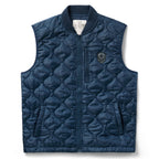 Woobie Vest (Last Chance), navy quilted outerwear vest with zip front, stand collar, side pockets, and skull patch on the chest against a white background