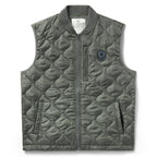 Woobie Vest (Last Chance), gray quilted sleeveless vest with ribbed collar, full front zipper, zippered pockets, and chest patch shown from the front