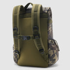Woobie Backpack in olive green with camouflage side panels, padded shoulder straps, adjustable chest buckle, and side pockets shown from the back