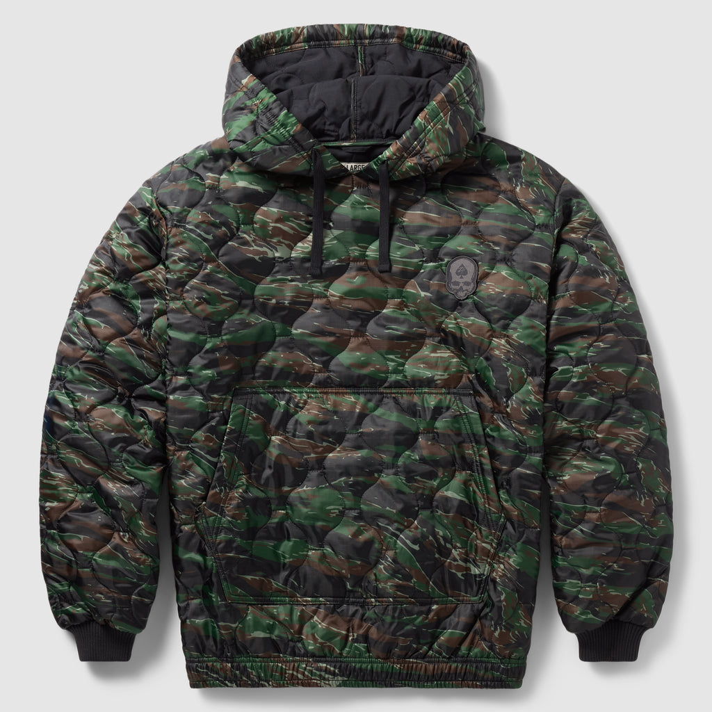 Woobie Hoodie (Last Chance) in green and brown camouflage with a quilted hood, front kangaroo pocket, drawstrings, and ribbed cuffs and hem