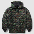 Woobie Hoodie (Last Chance) in green and brown camouflage with a quilted hood, front kangaroo pocket, drawstrings, and ribbed cuffs and hem