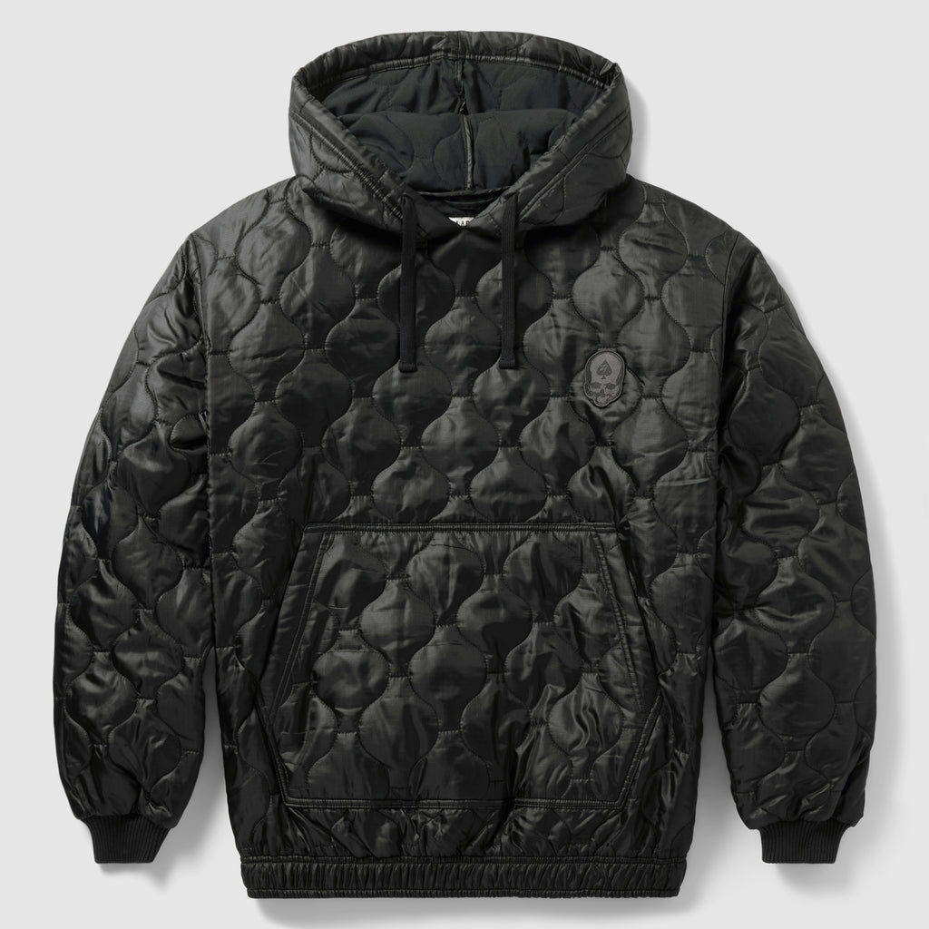 Woobie Hoodie (Last Chance), black quilted pullover hoodie with drawstring hood, long sleeves, ribbed cuffs, and a front kangaroo pocket