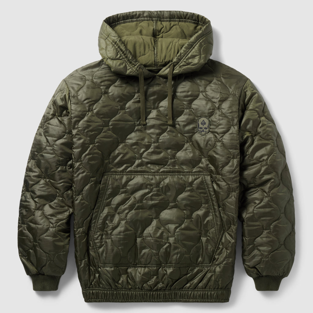Woobie Hoodie (Last Chance), olive green quilted pullover hoodie with drawstrings, front kangaroo pocket, ribbed cuffs, and hem