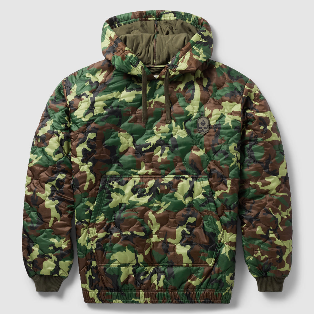 Woobie Hoodie (Last Chance) featuring a green, brown, and tan camouflage pattern, insulated hood, front kangaroo pocket, and ribbed cuffs and hem