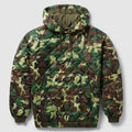 Woobie Hoodie (Last Chance) featuring a green, brown, and tan camouflage pattern, insulated hood, front kangaroo pocket, and ribbed cuffs and hem