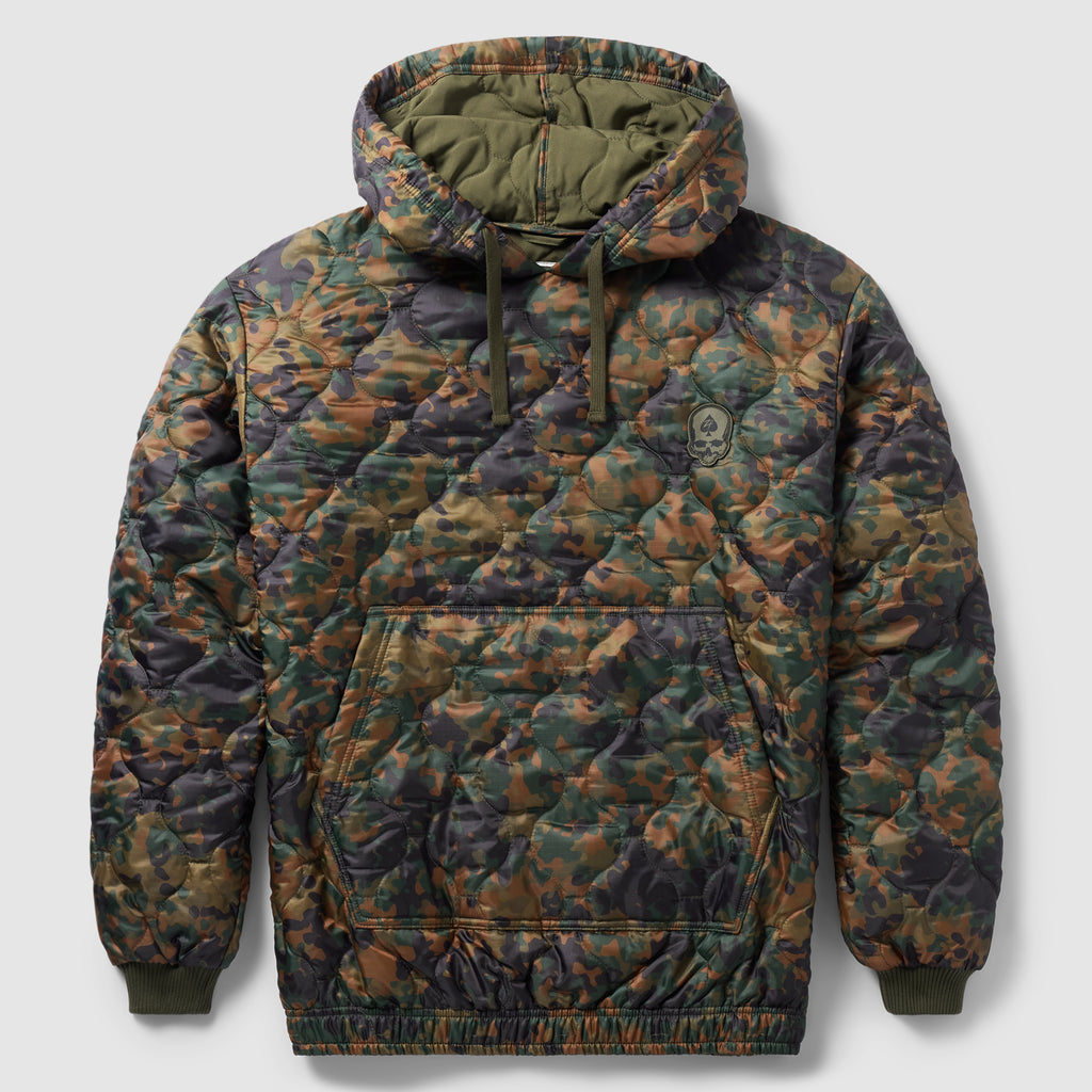 Woobie Hoodie (Last Chance), quilted camouflage pullover hoodie with drawstring hood, kangaroo pocket, ribbed cuffs, and skull chest emblem against a gray background