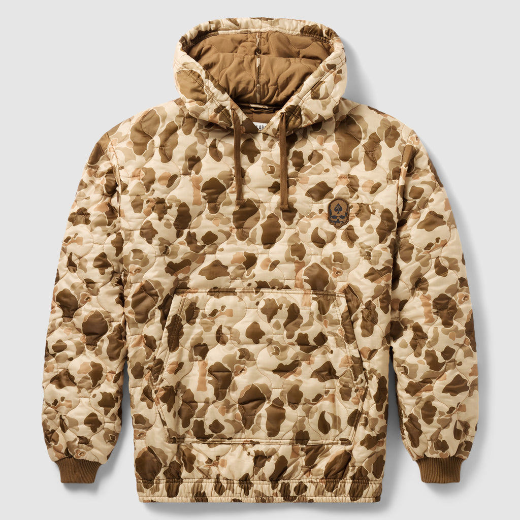 Woobie Hoodie (Last Chance) in tan and brown camouflage, shown from the front with a hood, drawstrings, kangaroo pocket, quilted construction, and ribbed cuffs.
