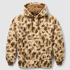 Woobie Hoodie (Last Chance) in tan and brown camouflage, shown from the front with a hood, drawstrings, kangaroo pocket, quilted construction, and ribbed cuffs.