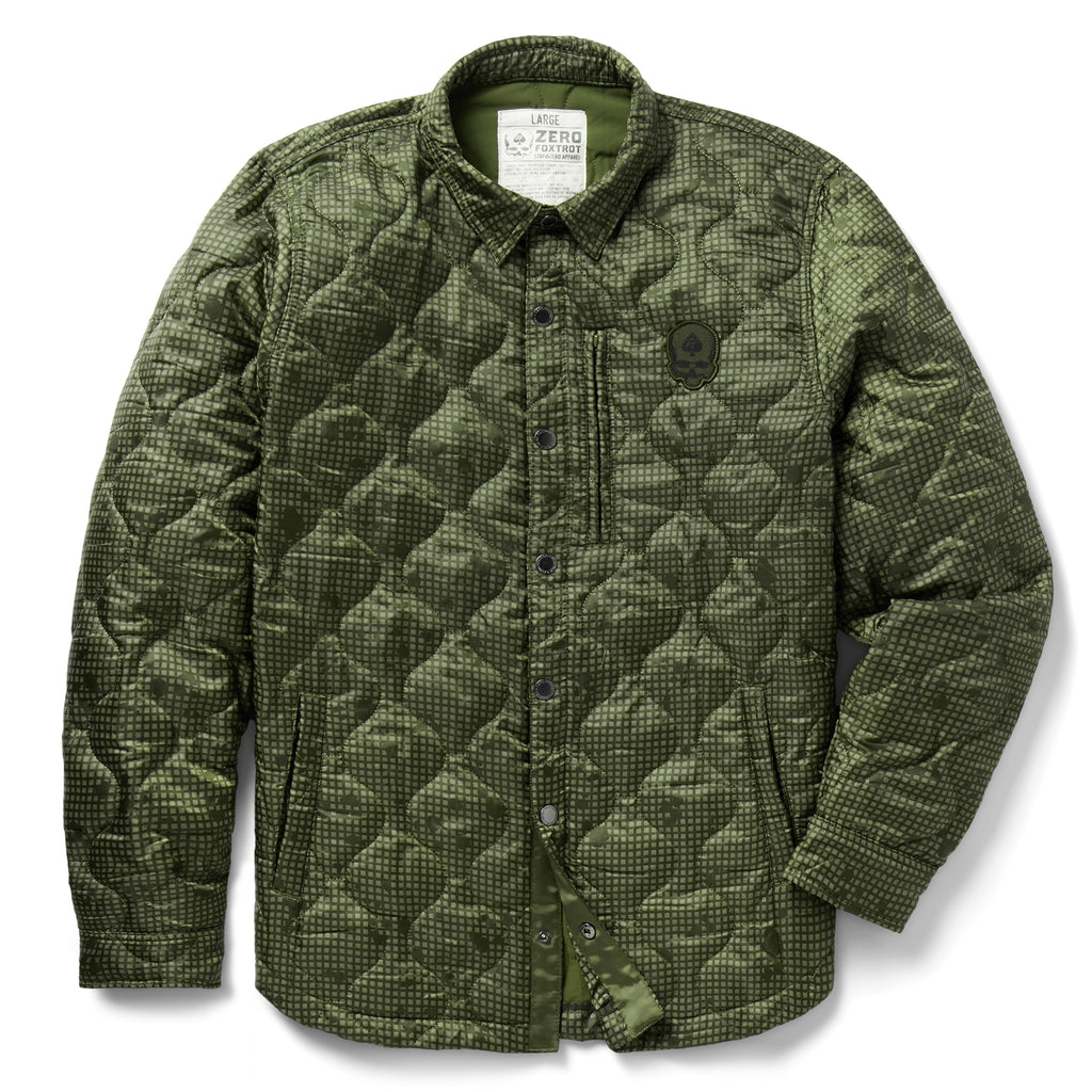 Woobie Shacket green camouflage quilted shirt jacket with button front collared neckline long sleeves and chest pocket displayed against a white background