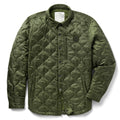 Woobie Shacket green camouflage quilted shirt jacket with button front collared neckline long sleeves and chest pocket displayed against a white background