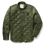 Woobie Shacket green camouflage quilted shirt jacket with button front collared neckline long sleeves and chest pocket displayed against a white background