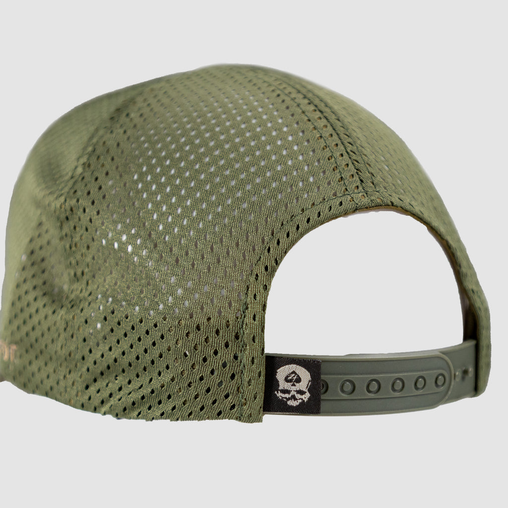 ZF Flag Logo Cap in olive green perforated mesh with adjustable snapback closure and small black logo patch, shown from the back