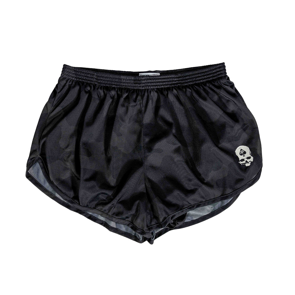 Black camouflage athletic shorts with an elastic waistband and a small skull logo on the front, designed as part of the ZF Silkies - Camos collection.