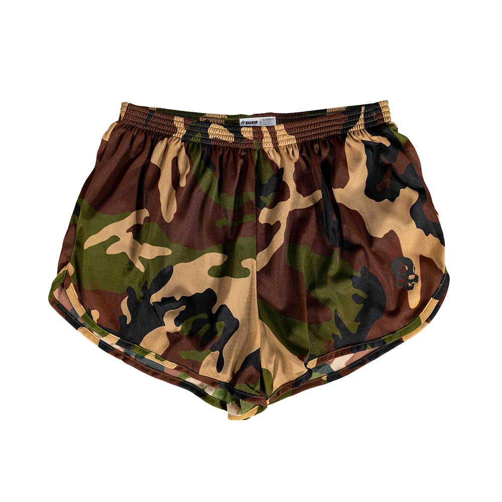 ZF Silkies - Camos in woodland camouflage pattern featuring green, brown, tan, and black colors with an elastic waistband and lightweight fabric.