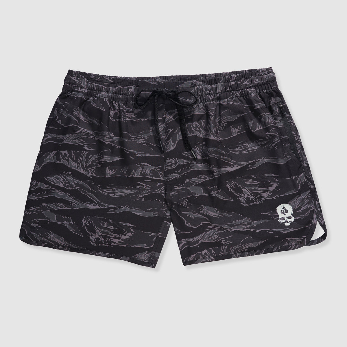 Zero Shorts - 5" Inseam in black with a subtle tiger stripe pattern, featuring an adjustable black drawstring waistband and a small white skull logo on the left leg.