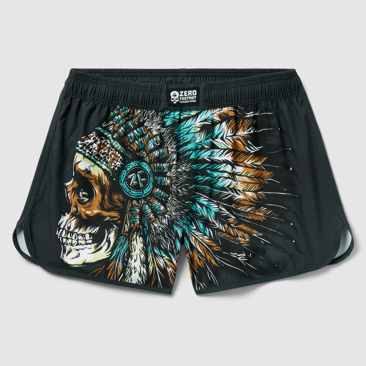 Black ZF Fight Shorts featuring a detailed graphic of a skull wearing a Native American headdress with teal, white, and orange feathers on the front.