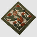 Square ZF Bandanas with a green, brown, beige, and black camouflage pattern and a solid olive green border.
