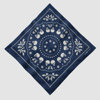ZF Bandanas dark blue bandana with white skull and floral pattern arranged in a circular design, featuring the ZF Bandanas logo in the corner.