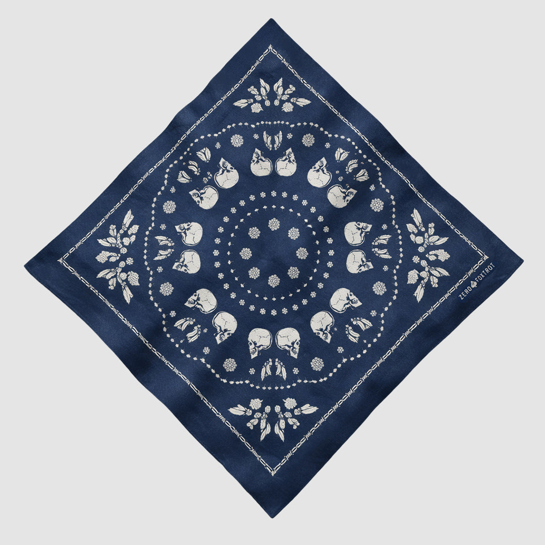ZF Bandanas dark blue bandana with white skull and floral pattern arranged in a circular design, featuring the ZF Bandanas logo in the corner.