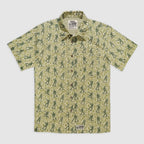 Surf Shirts (Last Chance) short sleeve button-up shirt with a beige and green allover surfer and beach-themed pattern, shown from the front flat lay
