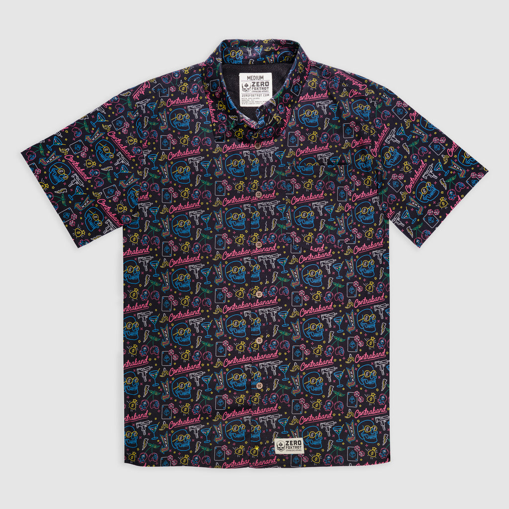 Surf Shirts (Last Chance) short sleeve shirt with a colorful illustrated allover print, camp collar, and button front displayed flat on a light background